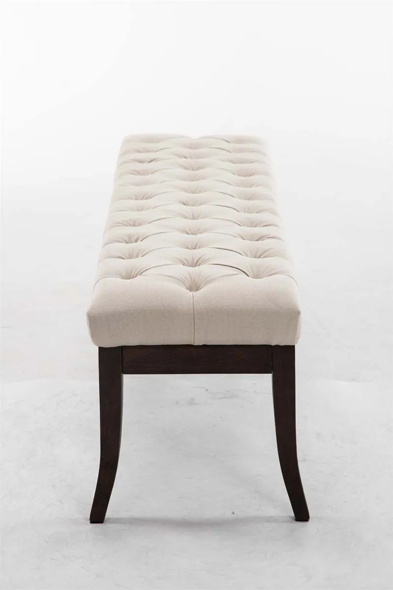 Banc design Chesterfield 150 cm avec coutures décoratives tissu crème piétement en bois foncé 10_0003687