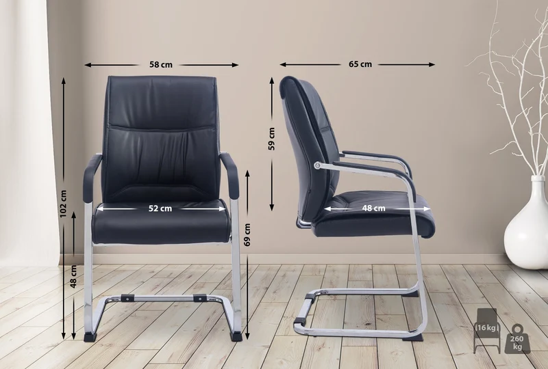 Fauteuil chaise visiteur sans roulettes avec accoudoirs en similicuir noir cadre métallique 10_0006941