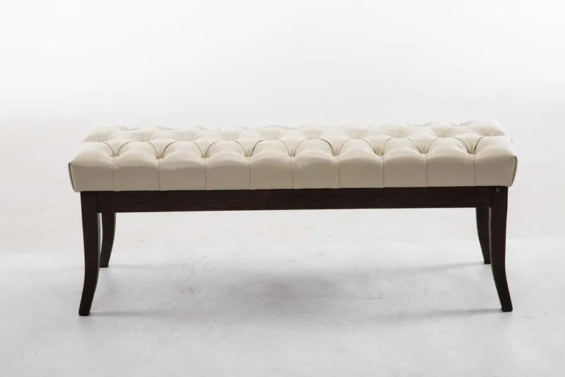 Banc design Chesterfield 120 cm avec coutures décoratives PVC crème piétement en bois foncé 10_0003672