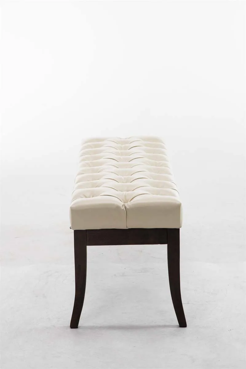 Banc design Chesterfield 120 cm avec coutures décoratives PVC crème piétement en bois foncé 10_0003672