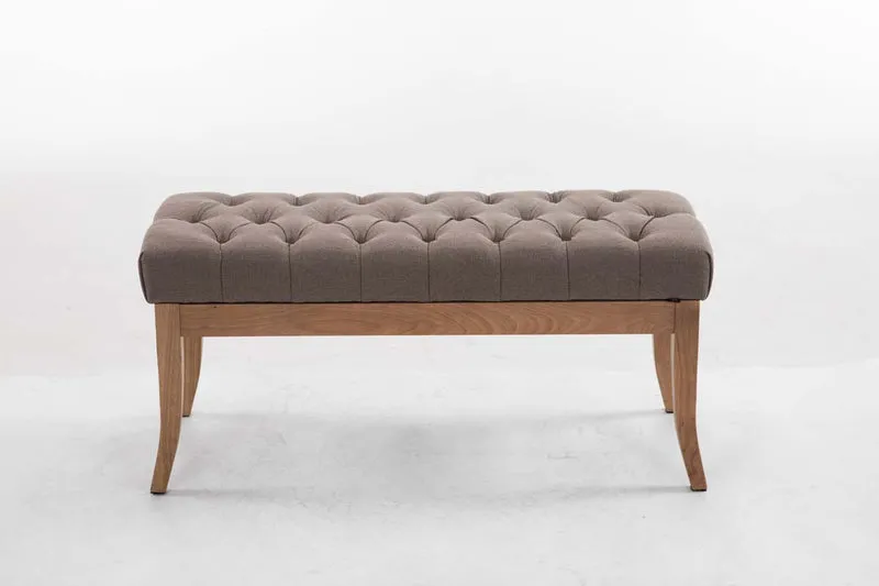 Banc design Chesterfield 100 cm avec coutures décoratives tissu taupe piétement en bois clair 10_0003693