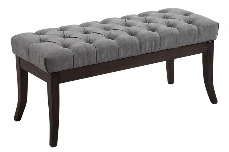 Banc design Chesterfield 100 cm avec coutures décoratives tissu gris piétement en bois foncé 10_0003684