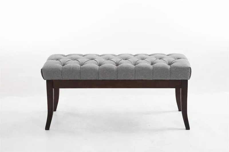 Banc design Chesterfield 100 cm avec coutures décoratives tissu gris piétement en bois foncé 10_0003684