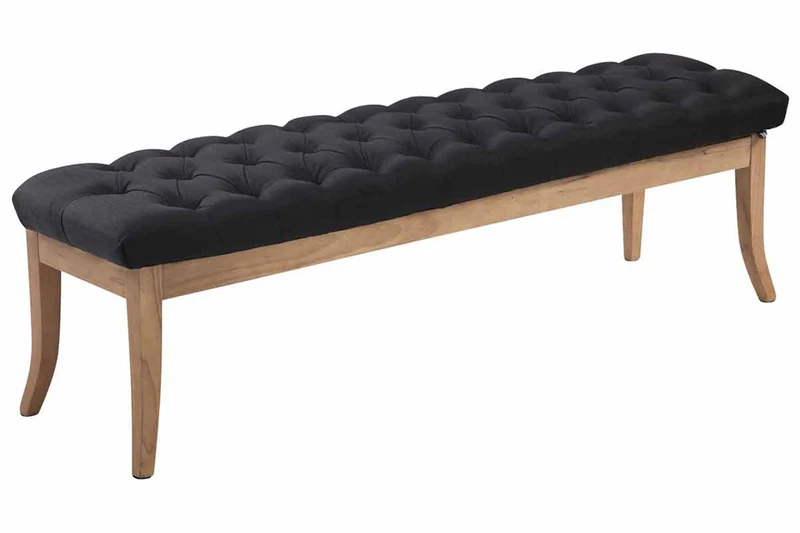 Banc design Chesterfield 150 cm avec coutures décoratives tissu noir piétement en bois clair 10_0003700