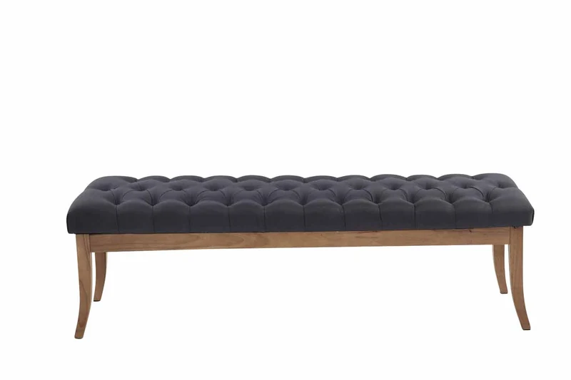 Banc design Chesterfield 150 cm avec coutures décoratives tissu noir piétement en bois clair 10_0003700