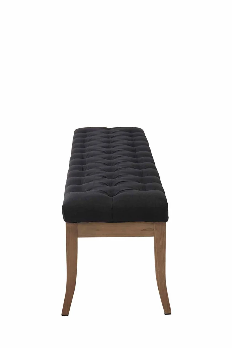 Banc design Chesterfield 150 cm avec coutures décoratives tissu noir piétement en bois clair 10_0003700