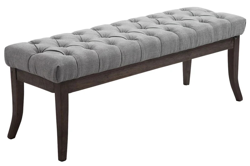 Banc design Chesterfield 120 cm avec coutures décoratives tissu crème piétement en bois foncé 10_0003686