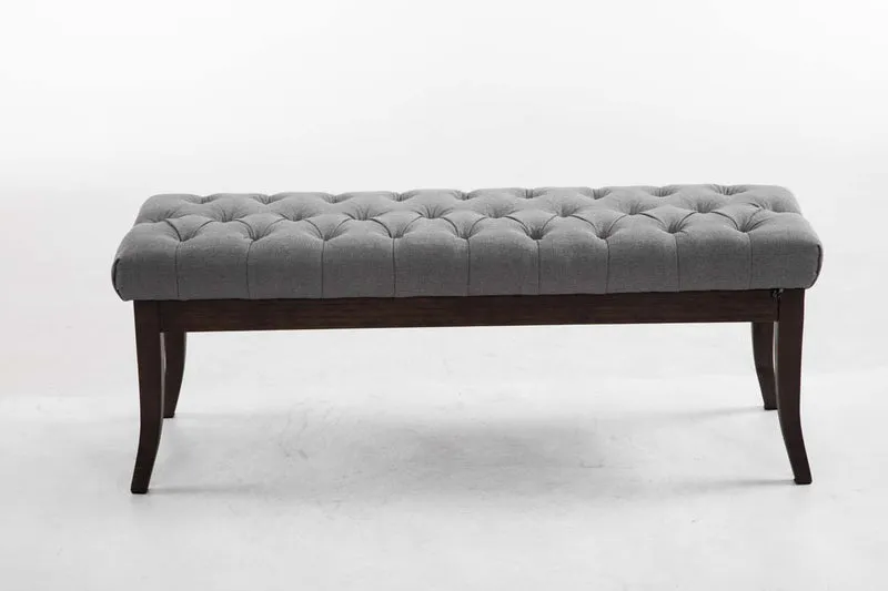 Banc design Chesterfield 120 cm avec coutures décoratives tissu crème piétement en bois foncé 10_0003686