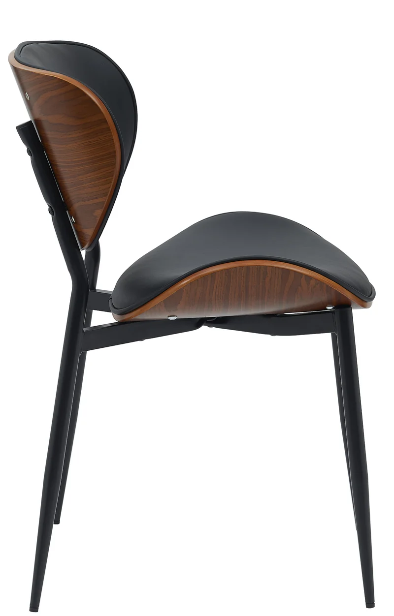 Lot de 2 chaises de salle à manger design en similicuir noir avec coque bois noyer structure métal robuste 10_0008685
