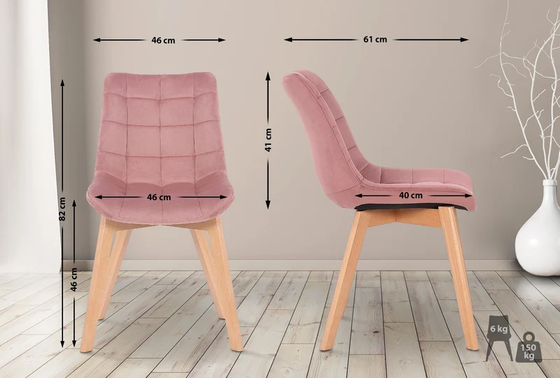 Lot de 2 chaises de salle à manger rembourrage généreux en velours rose piètement en bois 10_0007573