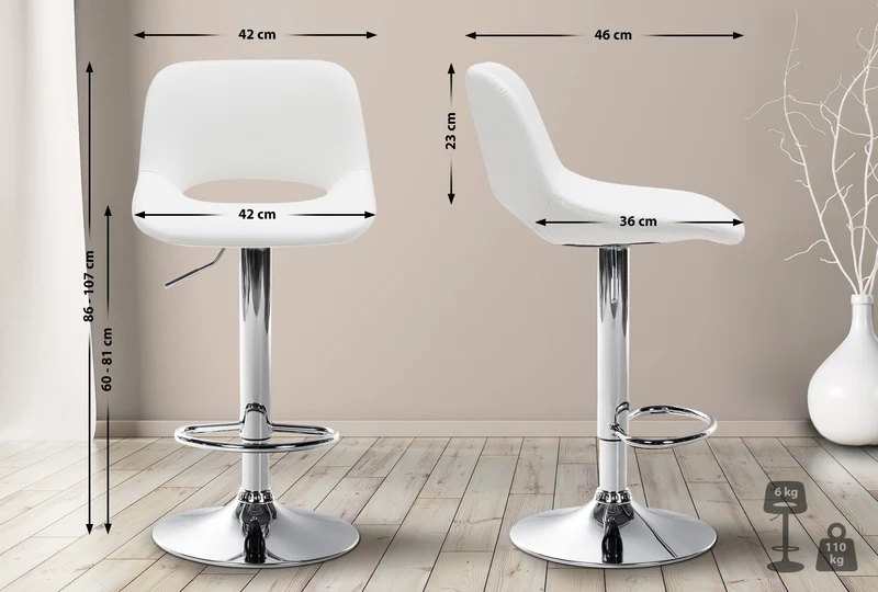 Tabouret de bar chaise haute x1 avec repose-pieds en PVC blanc piètement métallique chromé 10_0004578