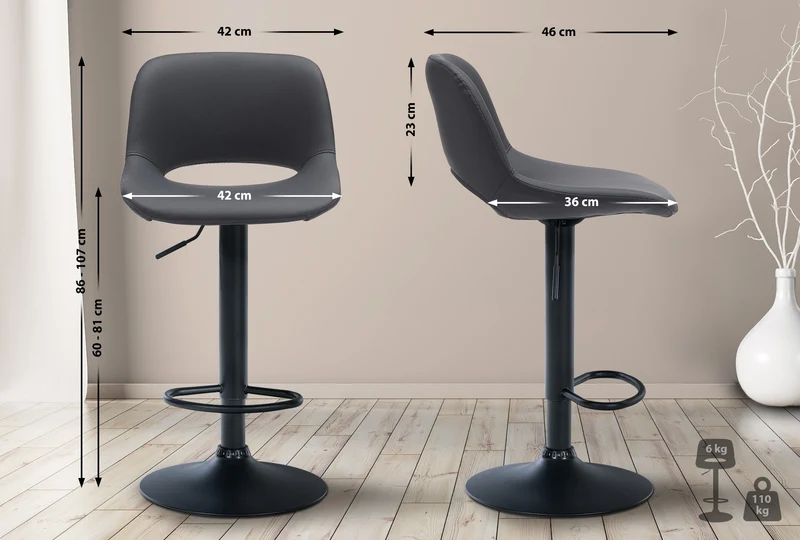 Tabourets de bar chaises haute x2 avec repose-pieds en PVC noir piètement métallique noir 10_0004066
