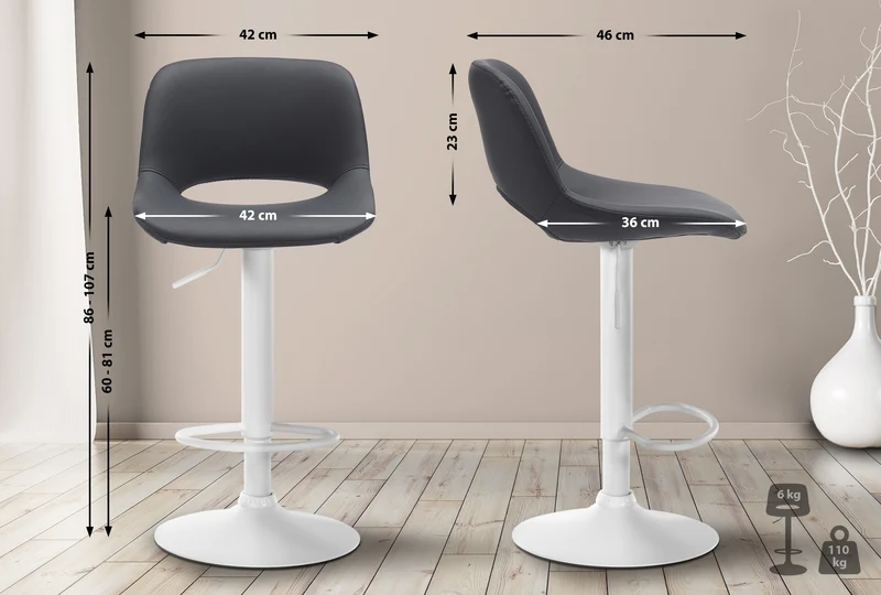 Tabouret de bar chaise haute x1 avec repose-pieds en PVC noir piètement métallique blanc 10_0004588