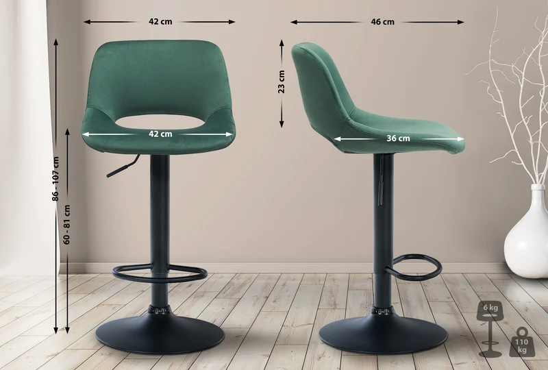 Tabourets de bar chaises haute x2 avec repose-pieds en velours vert piètement métallique noir 10_0004081