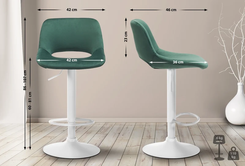 Tabourets de bar chaises haute x2 avec repose-pieds en velours vert piètement métallique blanc 10_0004088