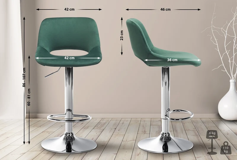 Tabourets de bar chaises haute x2 avec repose-pieds en velours vert piètement métallique chromé 10_0004074