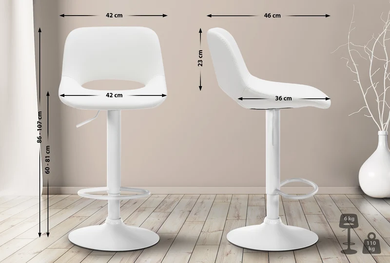 Tabourets de bar chaises haute x2 avec repose-pieds en PVC blanc piètement métallique blanc 10_0004068