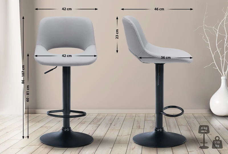 Tabourets de bar chaises haute x2 avec repose-pieds en PVC gris piètement métallique noir 10_0004065