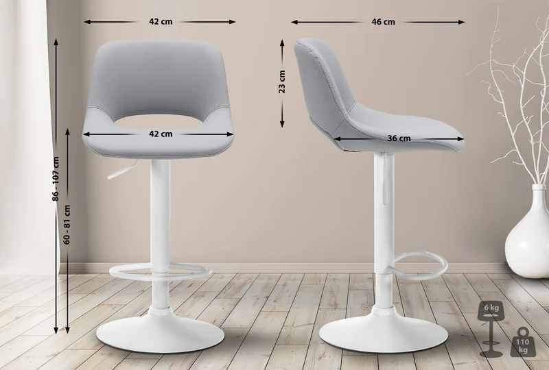 Tabourets de bar chaises haute x2 avec repose-pieds en PVC gris piètement métallique blanc 10_0004069