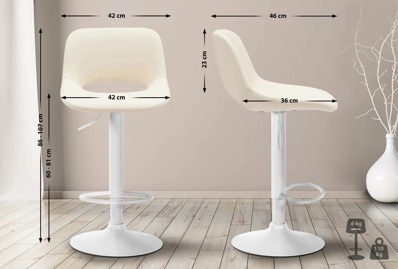 Tabourets de bar chaises haute x2 avec repose-pieds en PVC crème piètement métallique blanc 10_0004071