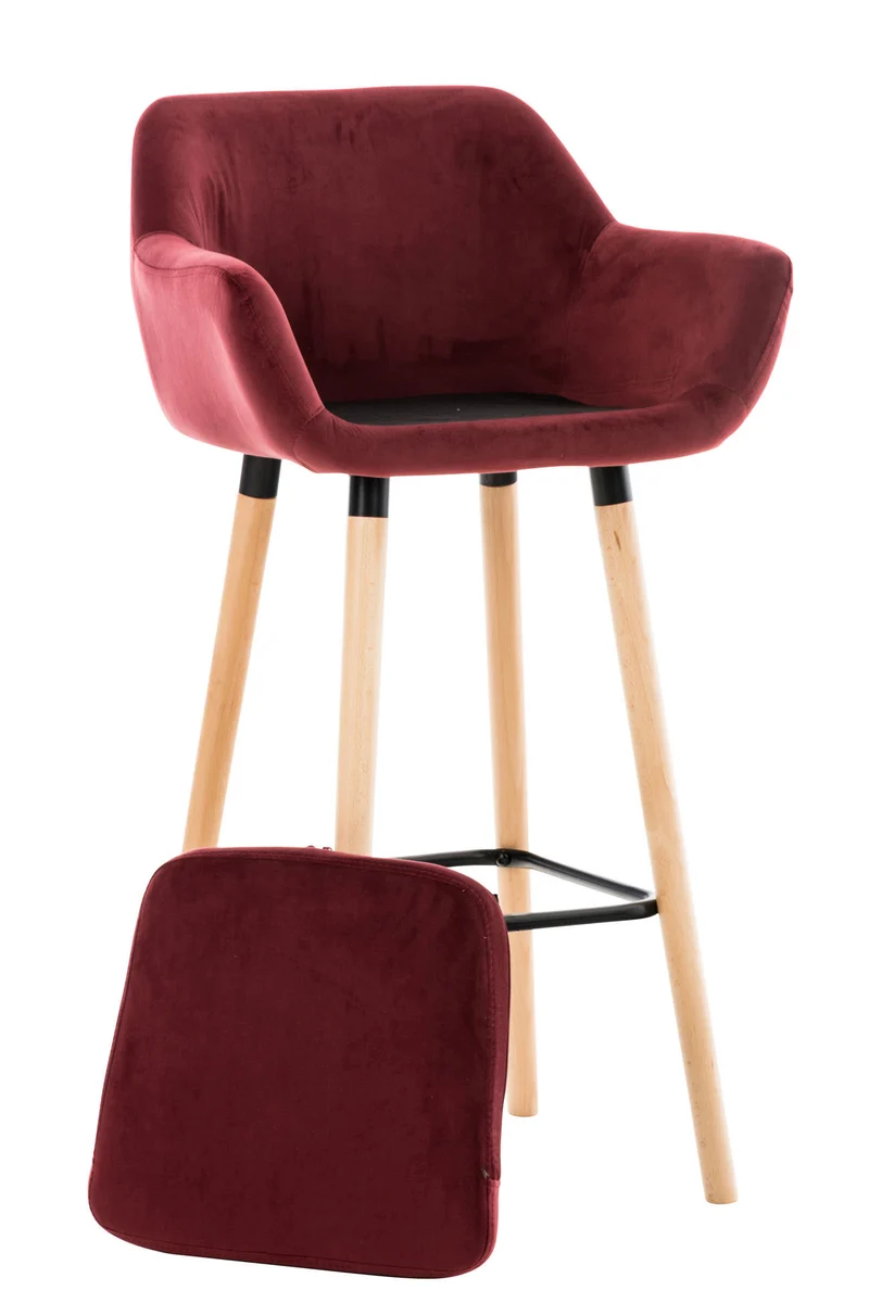 Lot de 2 tabourets de bar en velours rouge pieds en bois avec repose-pieds et accoudoirs style rétro moderne 10_0000689