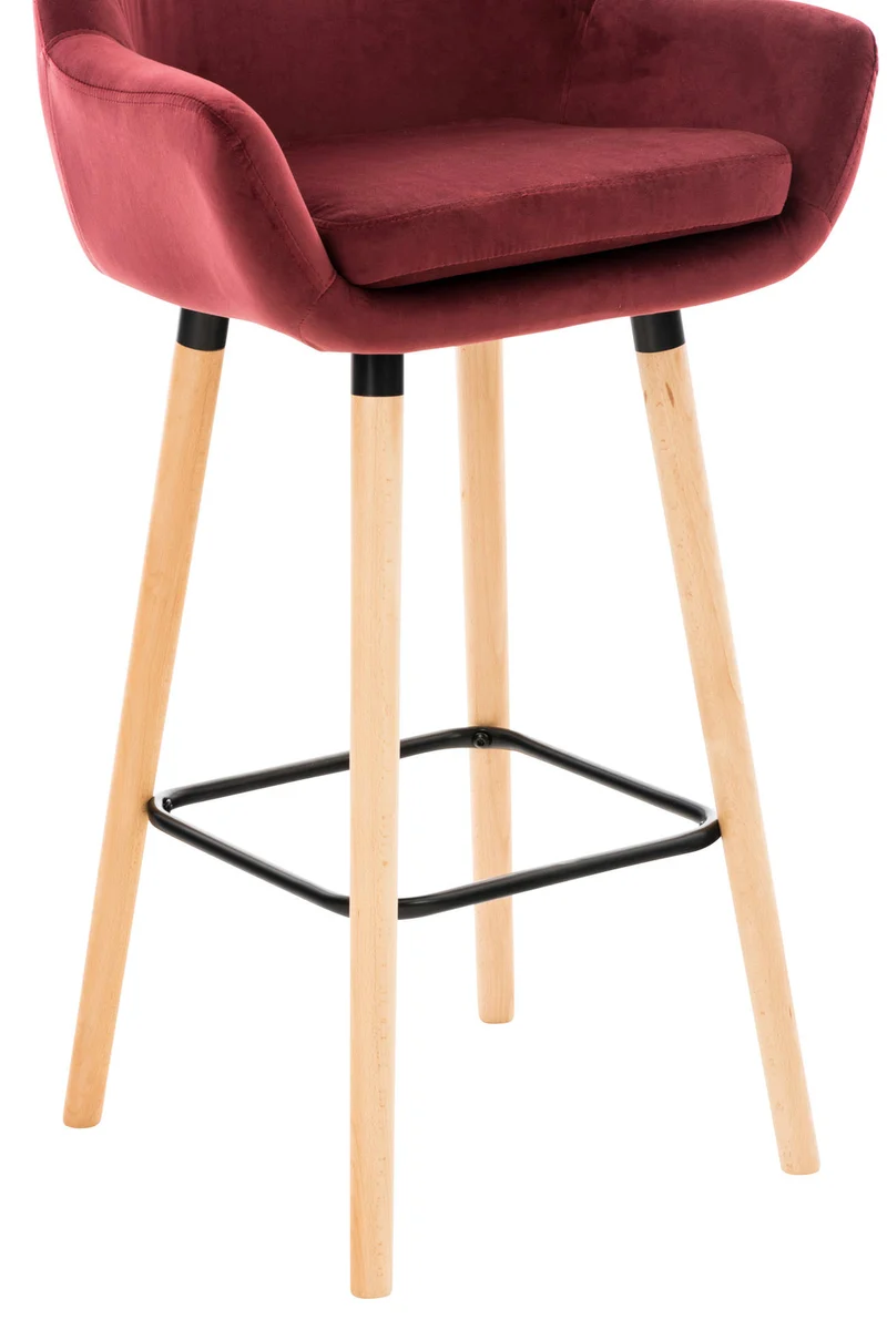 Lot de 2 tabourets de bar en velours rouge pieds en bois avec repose-pieds et accoudoirs style rétro moderne 10_0000689