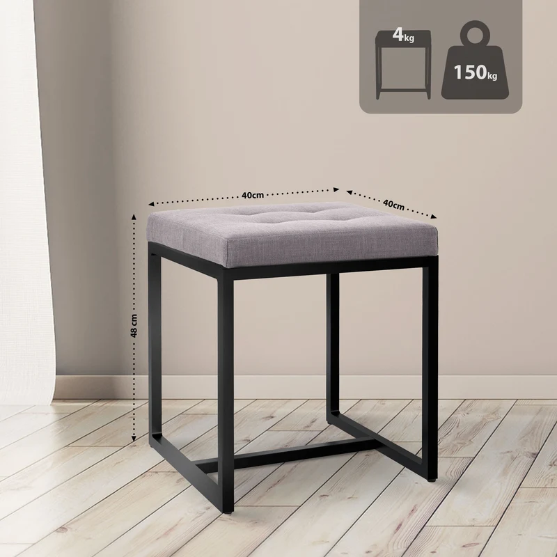 Banc d’entrée tabouret contemporain largeur 40cm à structure en métal noir assise capitonnée en tissu gris 10_0005780