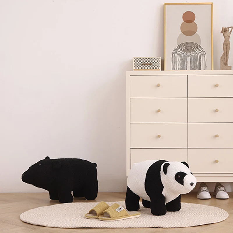 Contemporary Creative Kids Bear Shape Teddy Fleece Plywood Board Pine Wood Low Stool Backless Armless For Living Room