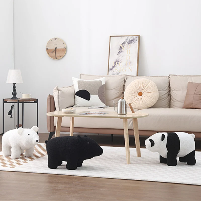 Contemporary Creative Kids Bear Shape Teddy Fleece Plywood Board Pine Wood Low Stool Backless Armless For Living Room