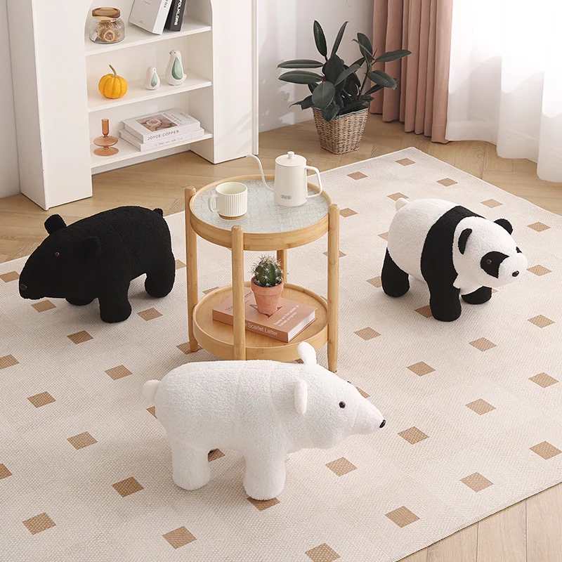 Contemporary Creative Kids Bear Shape Teddy Fleece Plywood Board Pine Wood Low Stool Backless Armless For Living Room