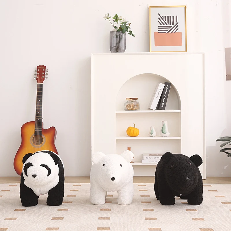 Contemporary Creative Kids Bear Shape Teddy Fleece Plywood Board Pine Wood Low Stool Backless Armless For Living Room