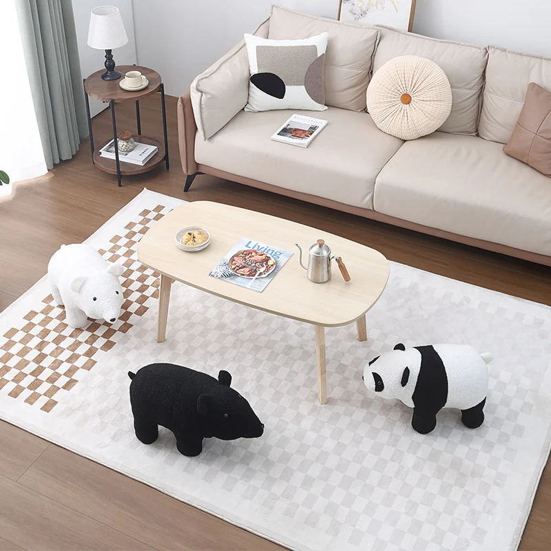 Contemporary Creative Kids Bear Shape Teddy Fleece Plywood Board Pine Wood Low Stool Backless Armless For Living Room