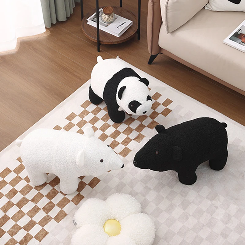 Contemporary Creative Kids Bear Shape Teddy Fleece Plywood Board Pine Wood Low Stool Backless Armless For Living Room