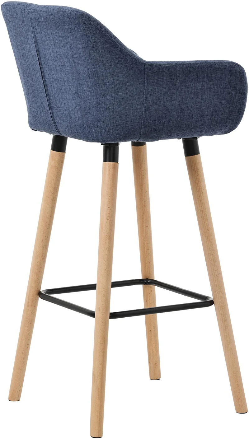 Tabouret de bar lounge x1 design scandinave assise en tissu bleu foncé pieds en bois repose-pieds en métal 10_0004918