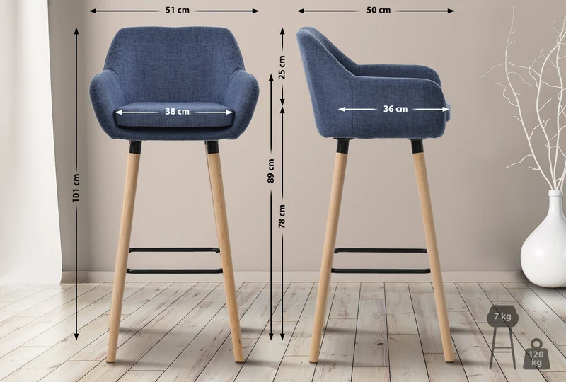 Lot de 2 tabourets de bar lounge design scandinave assise en tissu bleu foncé pieds en bois repose-pieds en métal 10_0004175