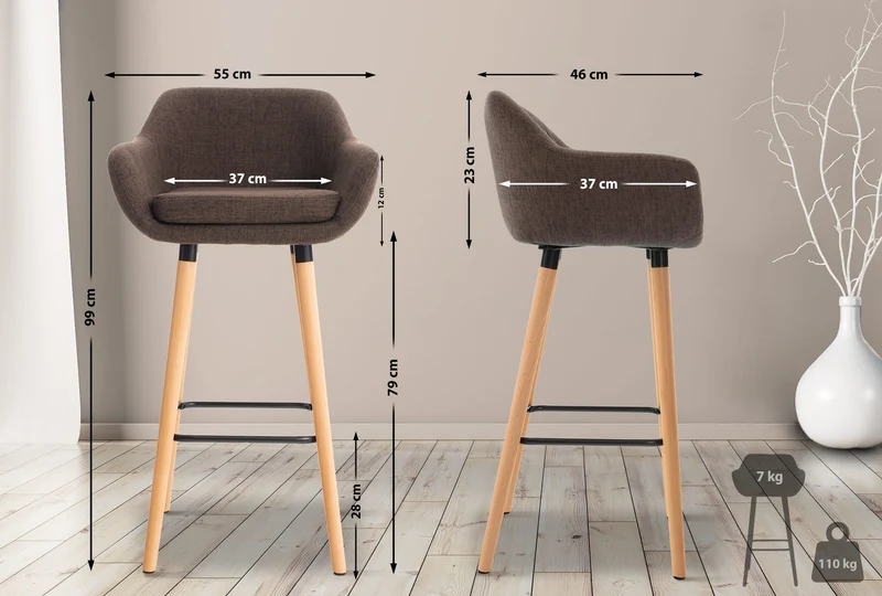 Lot de 2 tabourets de bar lounge design scandinave assise en tissu marron pieds en bois repose-pieds en métal 10_0004171