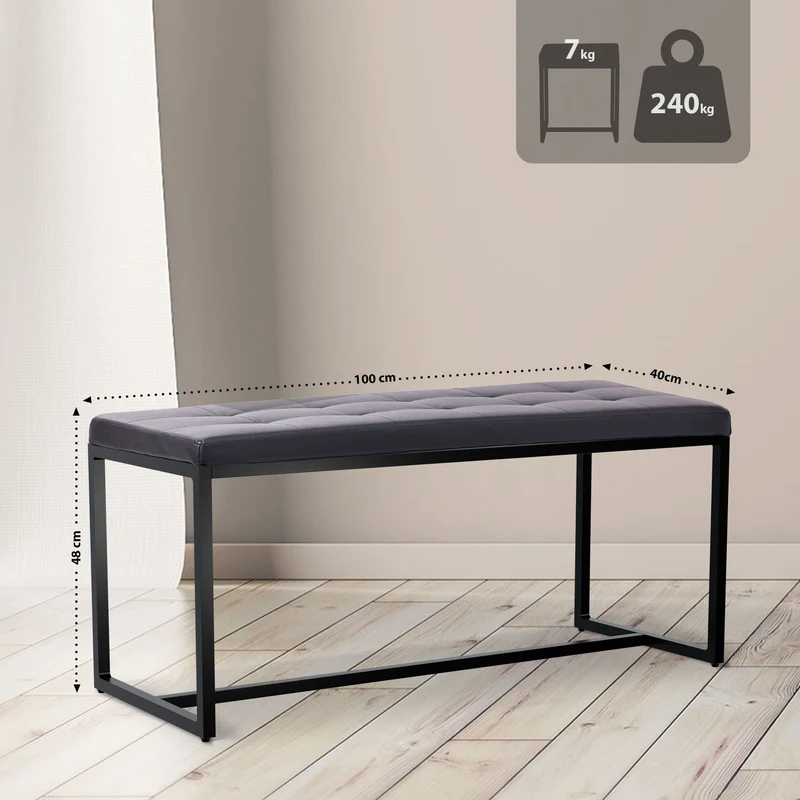 Banc d’entrée contemporain largeur 100cm à structure en métal noir assise capitonnée en similicuir noir 10_0006238