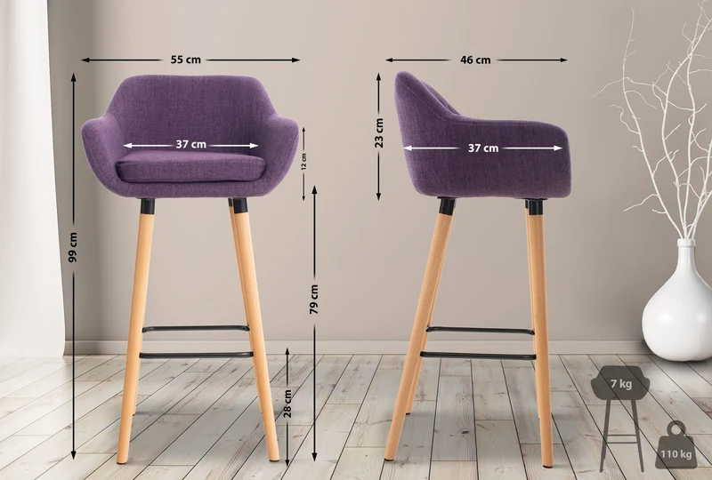 Tabouret de bar lounge x1 design scandinave assise en tissu violet pieds en bois repose-pieds en métal 10_0004925