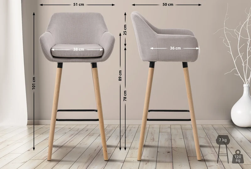 Lot de 2 tabourets de bar lounge design scandinave assise en tissu taupe pieds en bois repose-pieds en métal 10_0004173