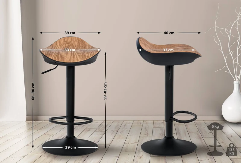 Lot de 2 tabourets de bar forme ergonomique en PVC couleur bois et pieds en métal noir 10_0004015