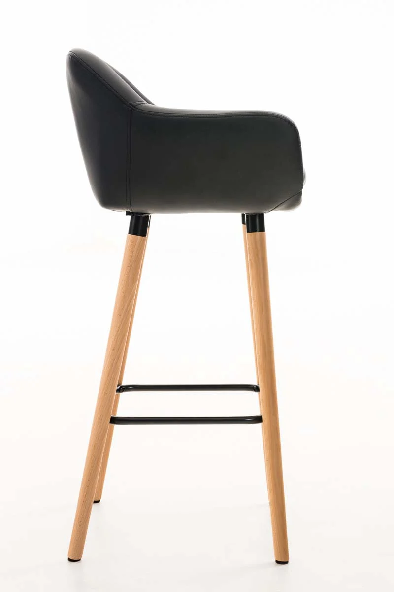 Tabouret de bar lounge x1 design scandinave assise en PVC noir pieds en bois repose-pieds en métal 10_0004908