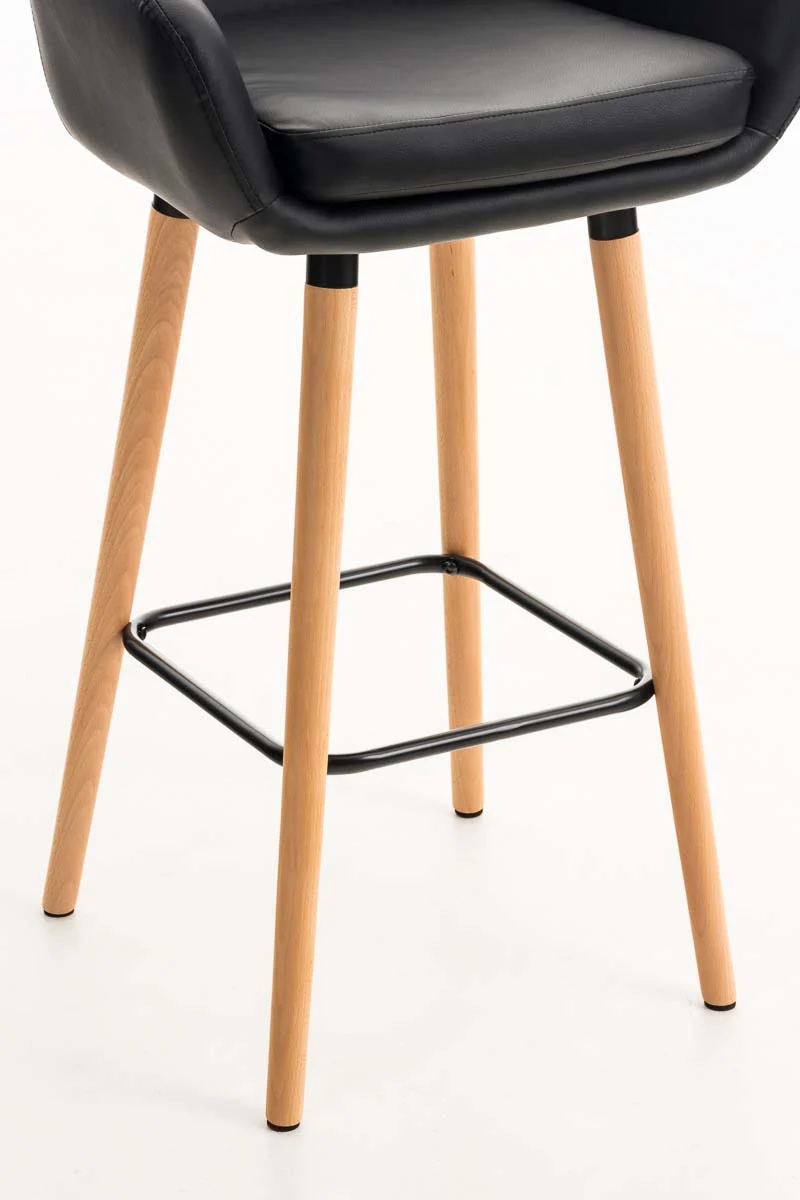 Tabouret de bar lounge x1 design scandinave assise en PVC noir pieds en bois repose-pieds en métal 10_0004908