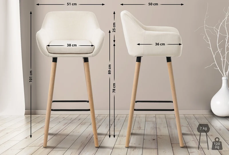Lot de 2 tabourets de bar lounge design scandinave assise en tissu beige pieds en bois repose-pieds en métal 10_0004172