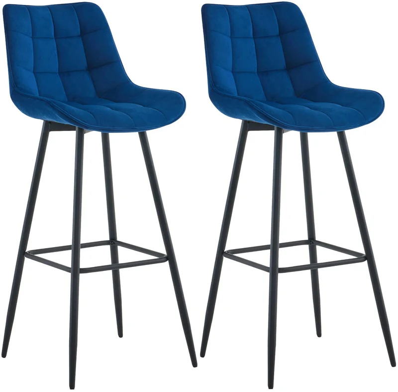 Lot de 2 tabourets de bar coutures décoratives carrées avec repose-pieds en velours bleu quatre pieds en métal 10_0006707