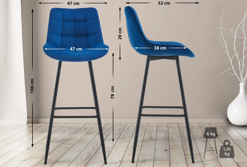 Lot de 2 tabourets de bar coutures décoratives carrées avec repose-pieds en velours bleu quatre pieds en métal 10_0006707
