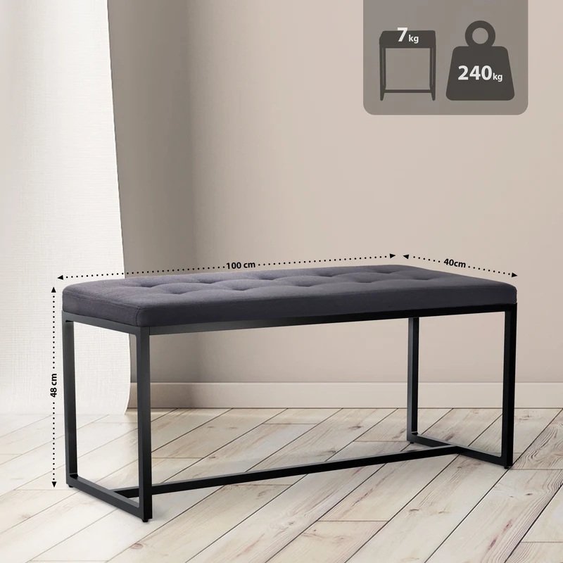 Banc d’entrée contemporain largeur 100cm à structure en métal noir assise capitonnée en tissu noir 10_0006279