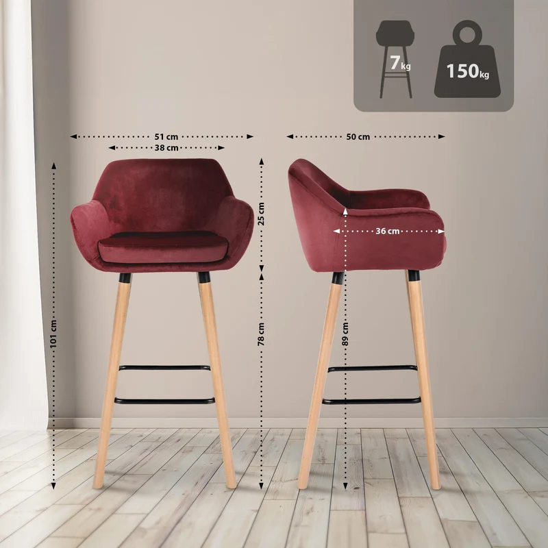 Tabouret de bar x1 design scandinave en velours rouge cadre en bois repose-pieds en métal 10_0006252