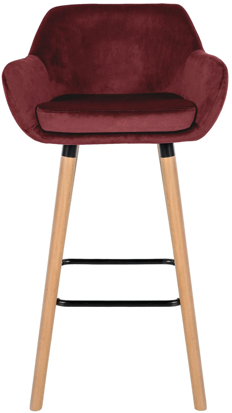 Tabouret de bar x1 design scandinave en velours rouge cadre en bois repose-pieds en métal 10_0006252