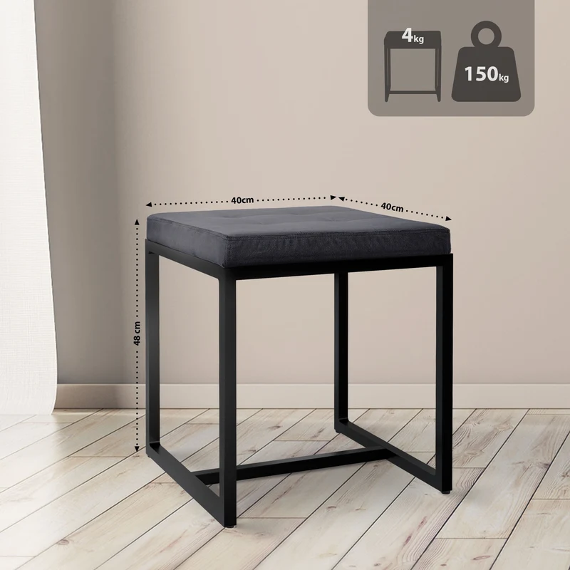 Tabouret rembourré design avec assise matelassée en velours noir et structure métal noir 10_0008737