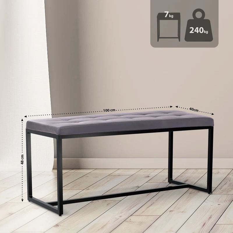 Banc d’entrée contemporain largeur 100cm à structure en métal noir assise capitonnée en similicuir gris 10_0006170